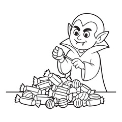 Cartoon vampire with candy on halloween coloring page art