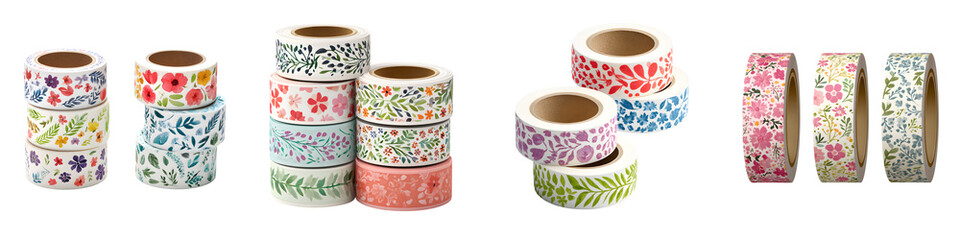 Collection of Decorative Floral Washi Tape Rolls on White Background
