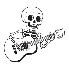 Cartoon skeleton playing acoustic guitar in black and white