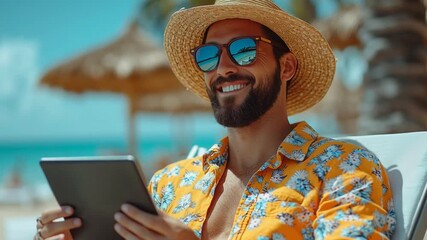 Man wearing sunglasses and a straw hat is enjoying a tablet while relaxing on a beach chair, surrounded by palm trees and a bright blue ocean, embodying leisure and vacation vibes