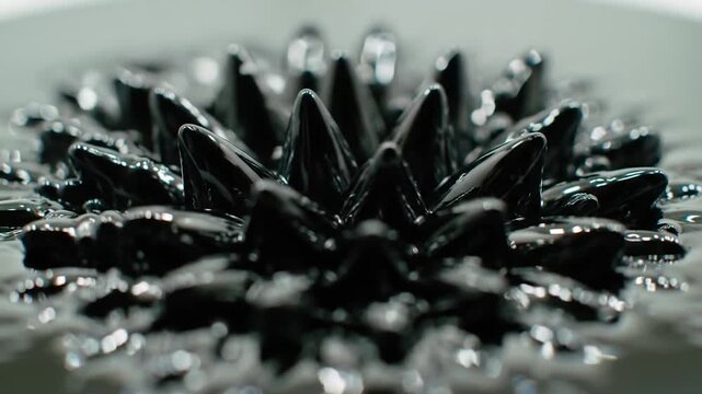 Shiny, dark magnetic fluid forms peak-like structures on a light grey surface. Spikes and ripples create an abstract pattern