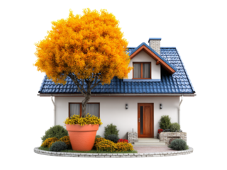 Charming suburban house autumn tree potted plants landscaping, Isolated On Transparent Background, Png