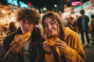 Teenage friends enjoying delicious street food under colorful night lights