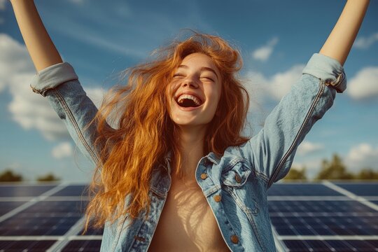Portrait of an excited young woman standing on a roof with solar panels, representing the connection between sustainability and technology in modern life, Generative AI