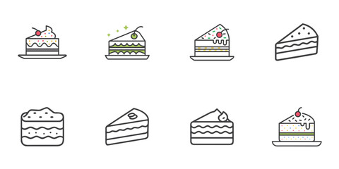 Cake slice icon set for blogs, websites, clipart, dessert, sweets, party, menu, greeting cards, educational and awareness materials, presentations