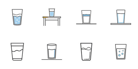 Glass of water icon set for blogs, websites, clipart, drinks, menu, healthy lifestyle, educational and awareness materials, presentations