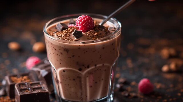 Delicious chocolate dessert in a glass topped with fresh raspberries and chocolate shavings, surrounded by dark chocolate pieces, creating an inviting and indulgent atmosphere for dessert lovers