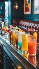 Assortment of colorful cocktails lined up on a bar counter