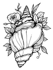Minimilist detailed line art of a seashell surrounded by leaves and a flower in a monochrome illustration vector