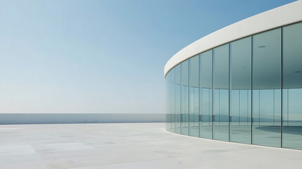 The minimalist futuristic architectural scene features large curved glass walls, smooth white concrete, a clear blue sky, modern composition, soft natural lighting, and a serene atmosphere.