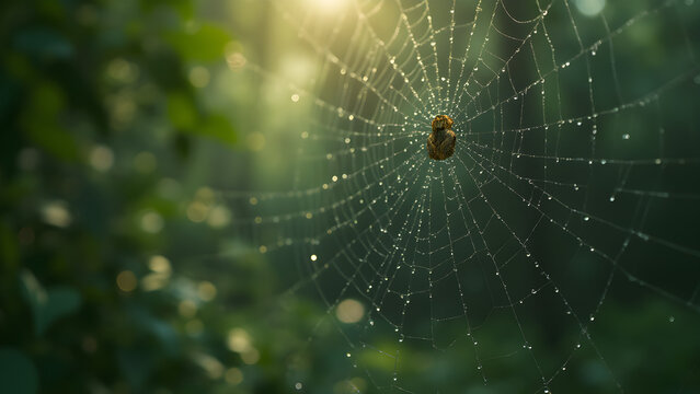 Raindrops on spider web. Forest spider silk glistening. Ultra realistic nature photography. Close-up of dew on web threads.