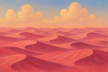 Photo of a pink desert landscape with rolling sand dunes