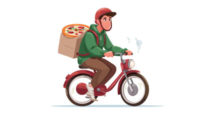 Fototapeta premium A cartoon illustration of a monkey wearing a green jacket and red helmet riding a red scooter, carrying a bag of pizza on its back. The style is vector, with clean lines and flat colors.