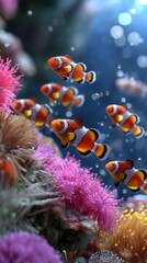 A vibrant underwater scene featuring a school of clownfish swimming among colorful sea anemones and coral in a clear blue ocean environment.