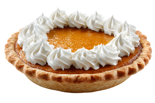 On transparent background a whole pumpkin pie decorated with a ring of piped whipped cream around the edge of the