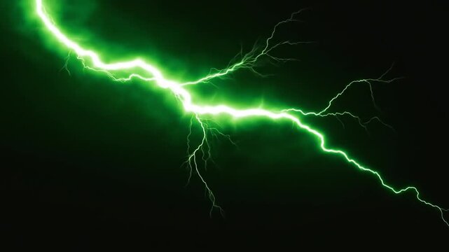 A bright green lightning bolt streaks across a dark green background. 4k video