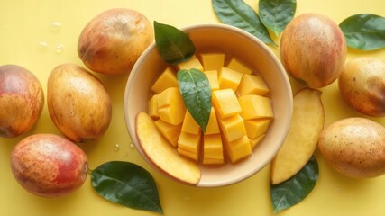 Sliced fruit and whole fruits with green leaves in a bowl on a bright yellowish background create an elegant culinary composition