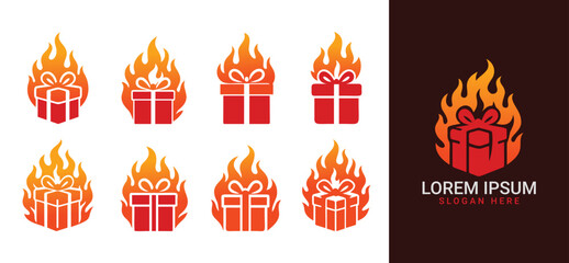 Flaming fire Gift Box Logo Set &ndash; Fire Present Icons for Hot Sale, Event, and Festive Design