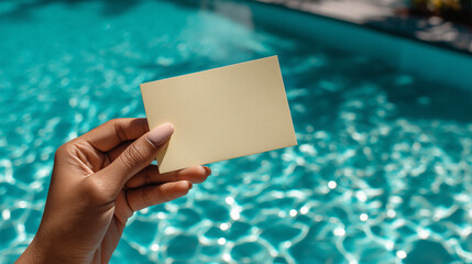 Hand Holding Blank White Card by a Sparkling Blue Swimming Pool on a Sunny Day

