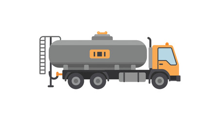 Flat vector illustration of a modern tanker truck. Industrial vehicle with a large grey cistern for fuel and liquid cargo transportation.