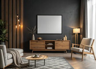Modern Interior Living Room: A meticulously designed living room with a stylish neutral color scheme with wooden paneling, creating a calming atmosphere. 
