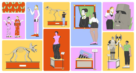 Modern visitors exploring museum exhibits bento grid illustration set. Art gallery, dinosaur skeletons, taking selfies 2D vector image collage design. Diverse flat characters moodboard layout