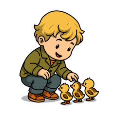 Little boy with three little ducks