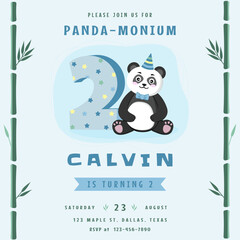Birthday invitation for boy 2 year with panda. For Kids Birthday Party invitation, greeting card, poster, event, prints 