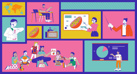 Modern education and classroom activities for all ages bento grid illustration set. Science, geography, early learning, STEM 2D vector image collage. Teachers students flat characters moodboard layout