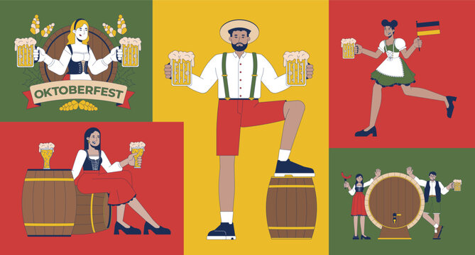 Celebrating Oktoberfest with beer, barrels and Bavarian outfits bento grid illustration set. Folk festival 2D vector image collage design collection. Germans, diverse flat characters moodboard layout