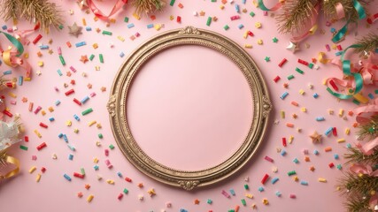 Golden circular frame on pink surface surrounded by confetti, ribbons, and decorative foliage for a festive presentation