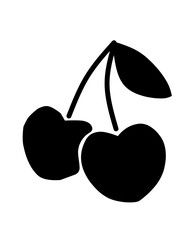 Simple black and white silhouette of two cherries attached by stems with leaves. Clean and bold design perfect for logos, icons, or fruit-related themes.