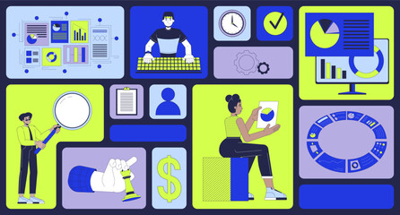 Business analytics and strategic data visualization bento grid illustration set. Dashboard, analysis 2D vector image collage design collection. Diverse analysts flat characters moodboard layout