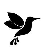 Minimalist black and white silhouette of a hummingbird in flight with spread wings and tail feathers, showcasing elegance and agility. Ideal for logos or nature themes.
