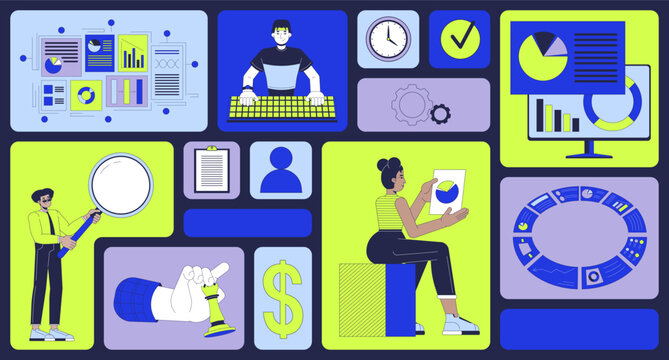 Business analytics and strategic data visualization bento grid illustration set. Dashboard, analysis 2D vector image collage design collection. Diverse analysts flat characters moodboard layout