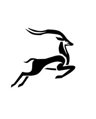 Dynamic black silhouette of a jumping deer or antelope with curved antlers. Represents agility, speed, freedom, and wildlife in nature-themed designs.