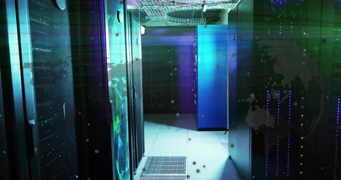 Digital particles drifting over server racks as world map rising and LEDs blinking showing dataflow