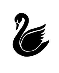 Silhouette of a swan with gracefully curved neck and detailed wings in black. Perfect for elegance, nature, waterfowl, wildlife, and minimalist animal illustrations.