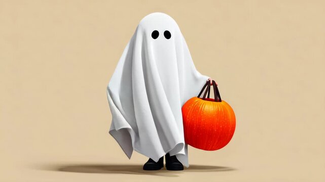 Cute ghost character in a white sheet holding a bright orange pumpkin, standing against a soft beige background, embodying the playful spirit of Halloween festivities and seasonal celebrations