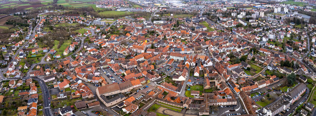 Aerial panorama view of the city Molsheim in France on a sunny autumn day	