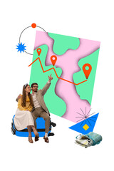 Contemporary collage of couple with map and digital route in colorful abstract style. Concept of travel platforms, mobile trip planning apps, accommodation booking visuals.