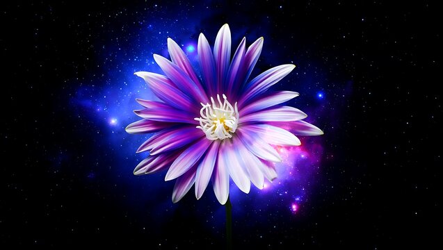 Abstract purple daisy on a black background, showcasing the flower's delicate petals and natural beauty