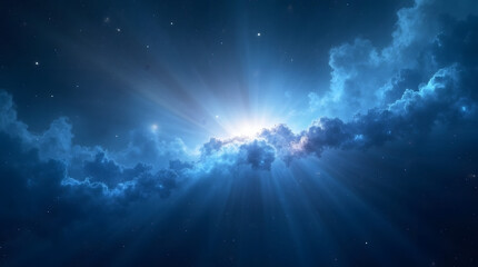 Deep space scene with cosmic glow in ultramarine, azure, and silver tones. Glowing stardust and white bursts of light create a dreamy, atmospheric sci-fi nebula.