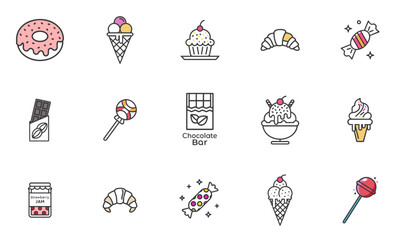 Sweets, desserts, candy, ice cream icon set for blogs, websites, clipart, party, menu, greeting cards, educational and awareness materials