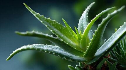 Fresh aloe vera plant with green leaves and water droplets close-up photo