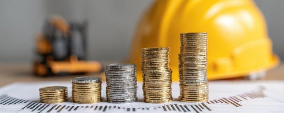 Ascending stacks of coins rest on a financial document, with a hardhat and miniature forklift blurred in the background