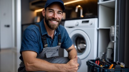 Friendly appliance repairman near a washing machine gives a thumbs up gesture