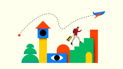 Creative digital artwork. Man jumping with suitcase across colorful buildings and flying airplane...