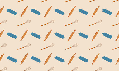 Seamless vector pattern with whisk, rolling pin and baking pan.