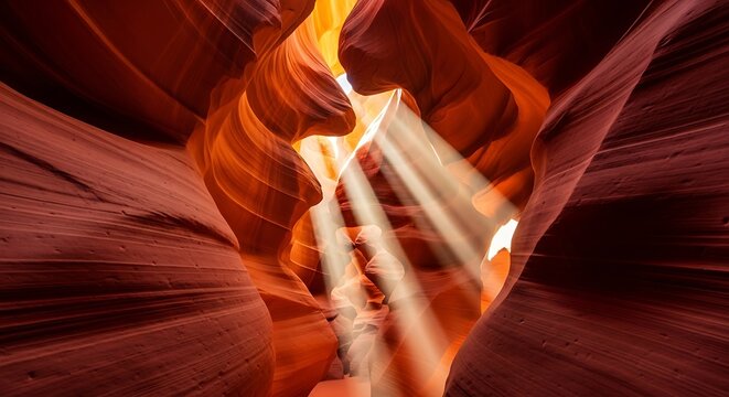 Photo of sunlight streams into the depths of antelope canyon